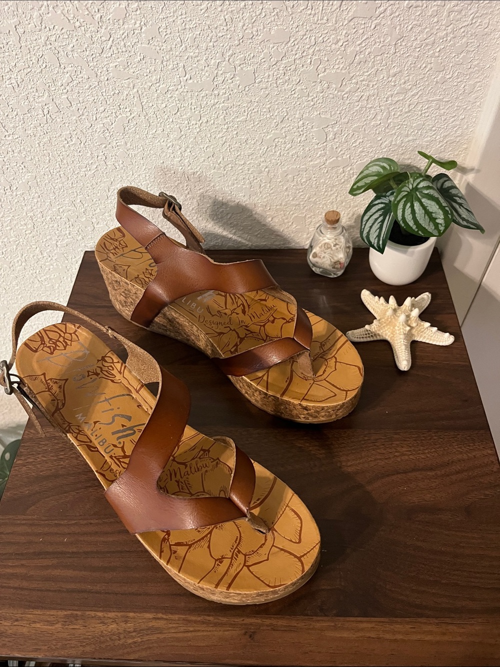 Blow Fish Malibu Brown Leather Cork Platform Wedge Sandals